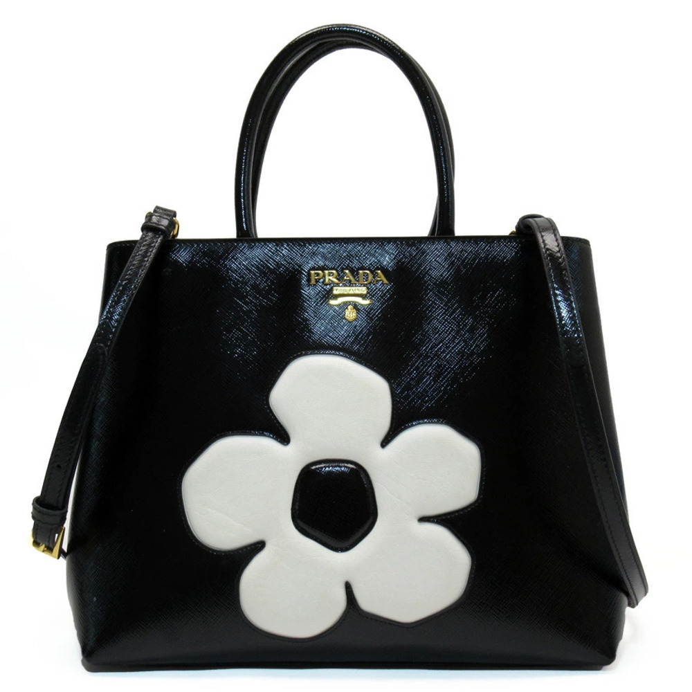 Prada Spazzolato Floral Convertible 2way Tote glossy black brushed flower